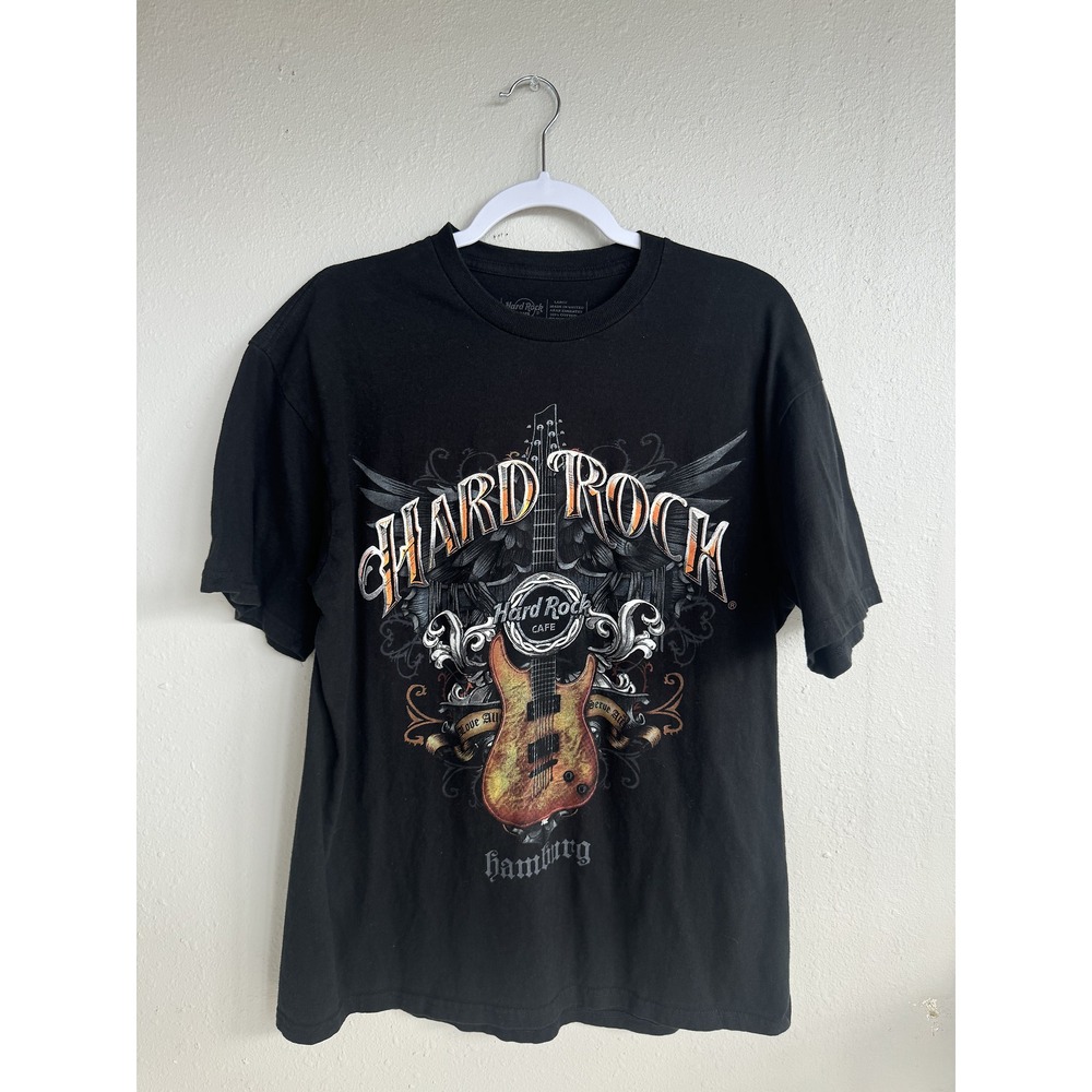 Hard Rock Cafe Hamburg T-shirt Graphic Guitar Short Sleeve Mens Large Black